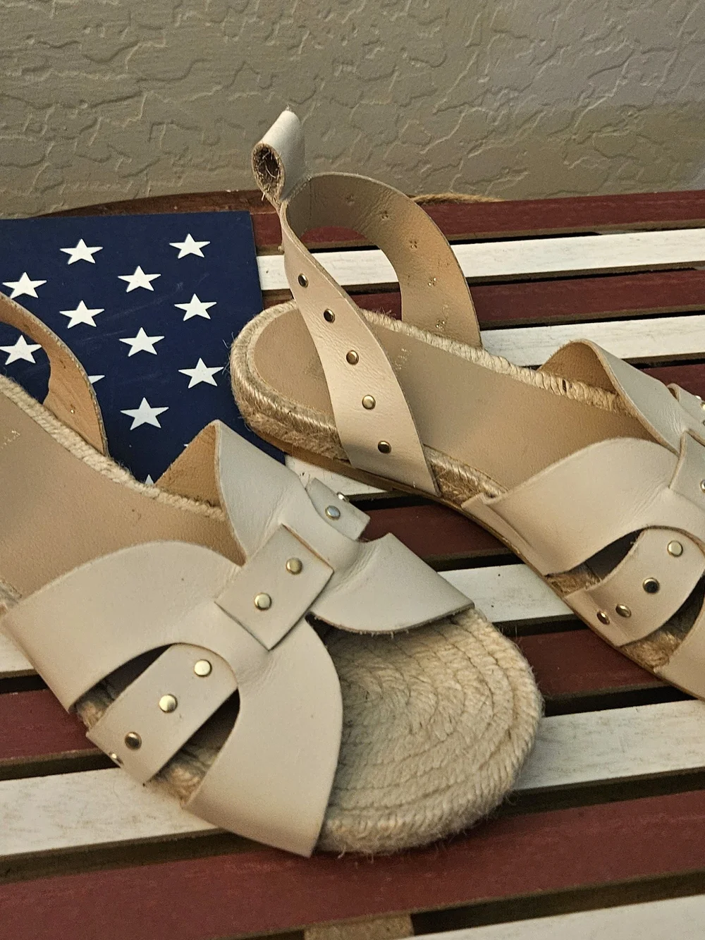 Bruno Magli Cream Leather Espadrille Sandals with Gold Studs
